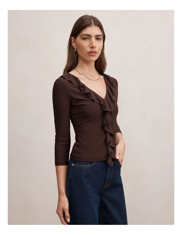 Orla Ruffle 3/4 Sleeves Top in Brown image 3