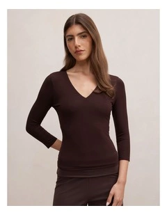 Tia V-Neck 3/4 Sleeves Top in Brown