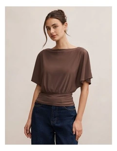 Piper Cinched Flutter Sleeves Top in Brown