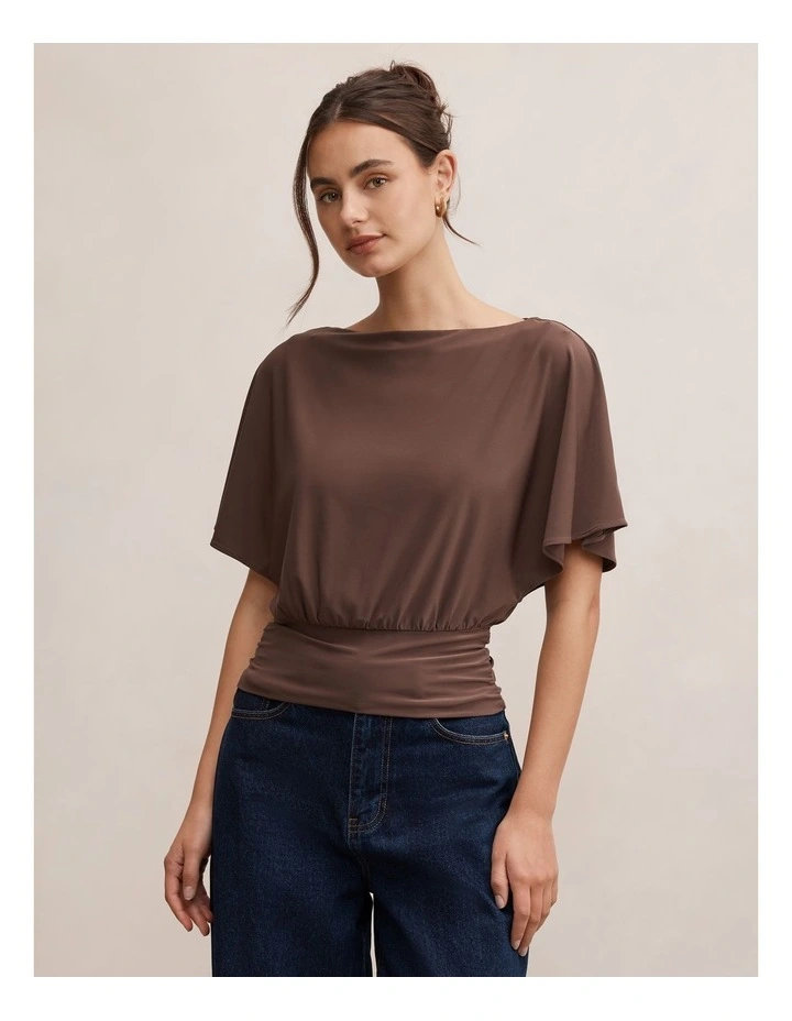 Piper Cinched Flutter Sleeves Top in Brown image 1