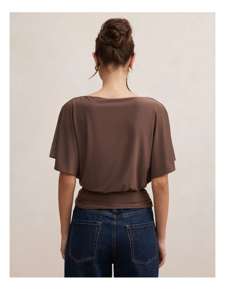 Piper Cinched Flutter Sleeves Top in Brown image 2
