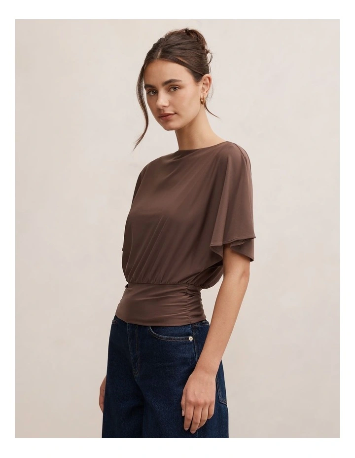 Piper Cinched Flutter Sleeves Top in Brown image 3