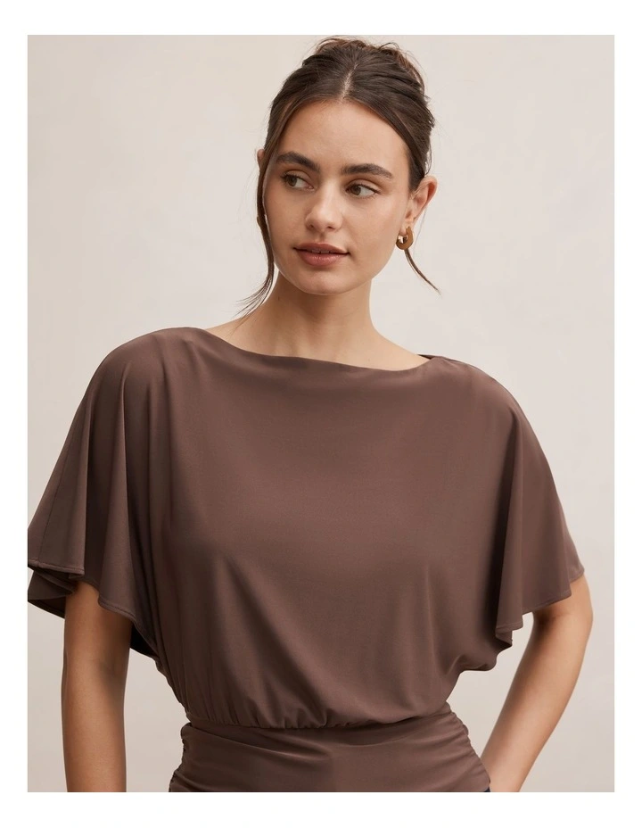 Piper Cinched Flutter Sleeves Top in Brown image 4