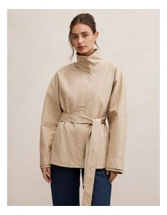 Nina Belted Funnel Neck Jacket in Beige