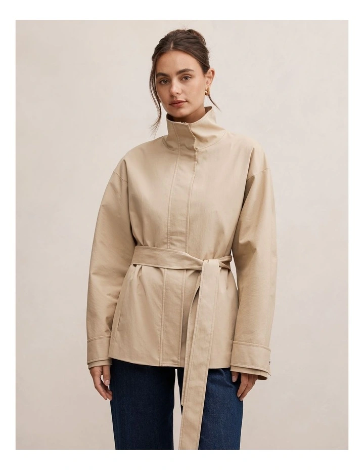 Nina Belted Funnel Neck Jacket in Beige image 1
