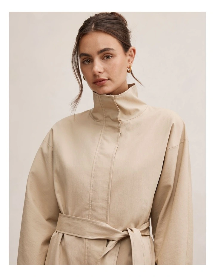 Nina Belted Funnel Neck Jacket in Beige image 4