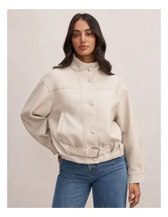 Belle Belted Vegan Leather Bomber Jacket in Cream