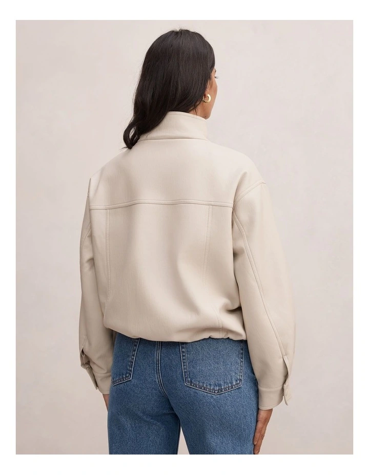 Belle Belted Vegan Leather Bomber Jacket in Cream image 2