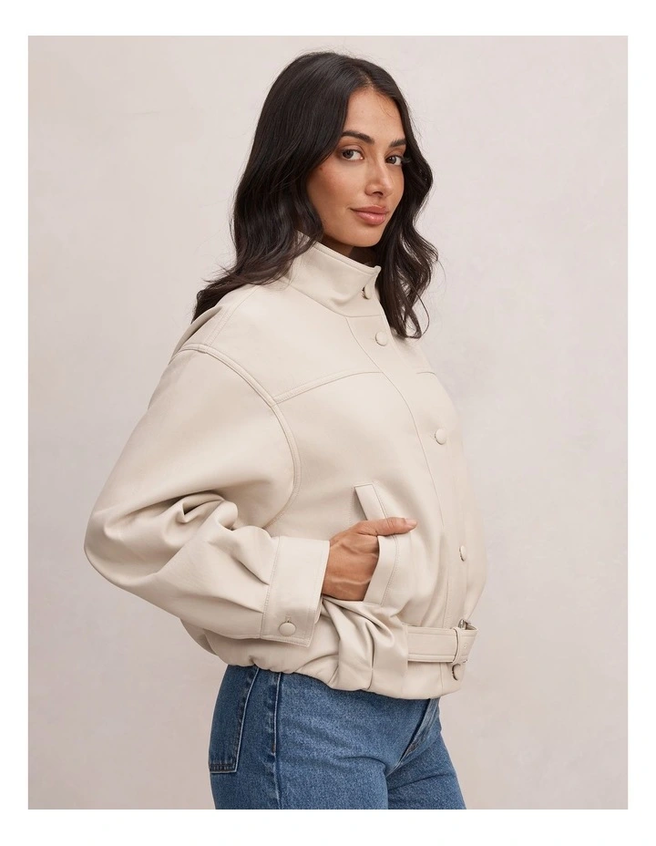 Belle Belted Vegan Leather Bomber Jacket in Cream image 3