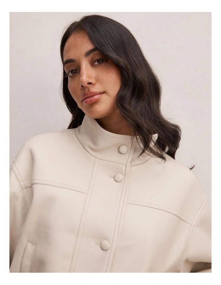 Belle Belted Vegan Leather Bomber Jacket in Cream image 4