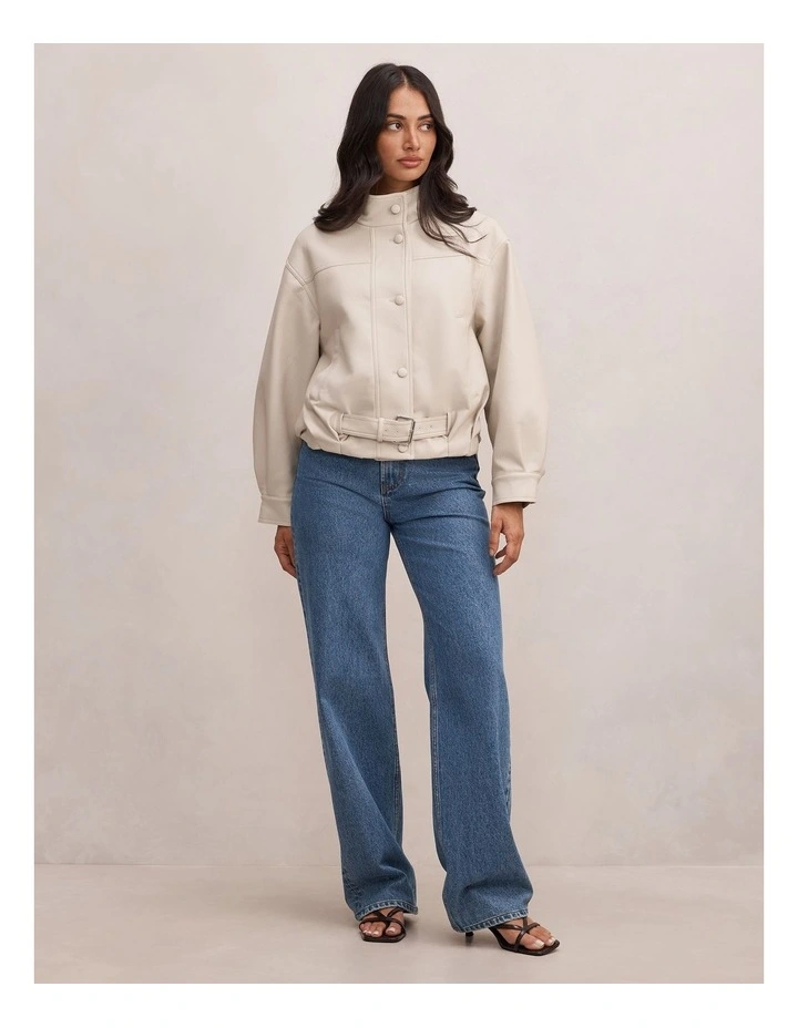 Belle Belted Vegan Leather Bomber Jacket in Cream image 5