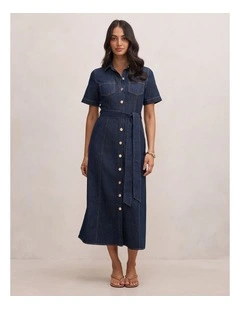 Millie Denim Midi Shirt Dress in Blue