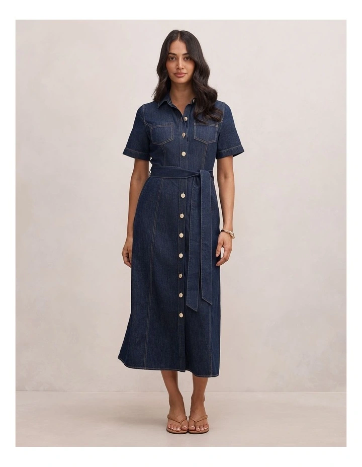 Millie Denim Midi Shirt Dress in Blue image 1