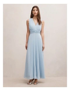 Leia Pleated Cape Maxi Dress in Blue