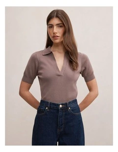 Gia Knitted Polo Top in Mocha