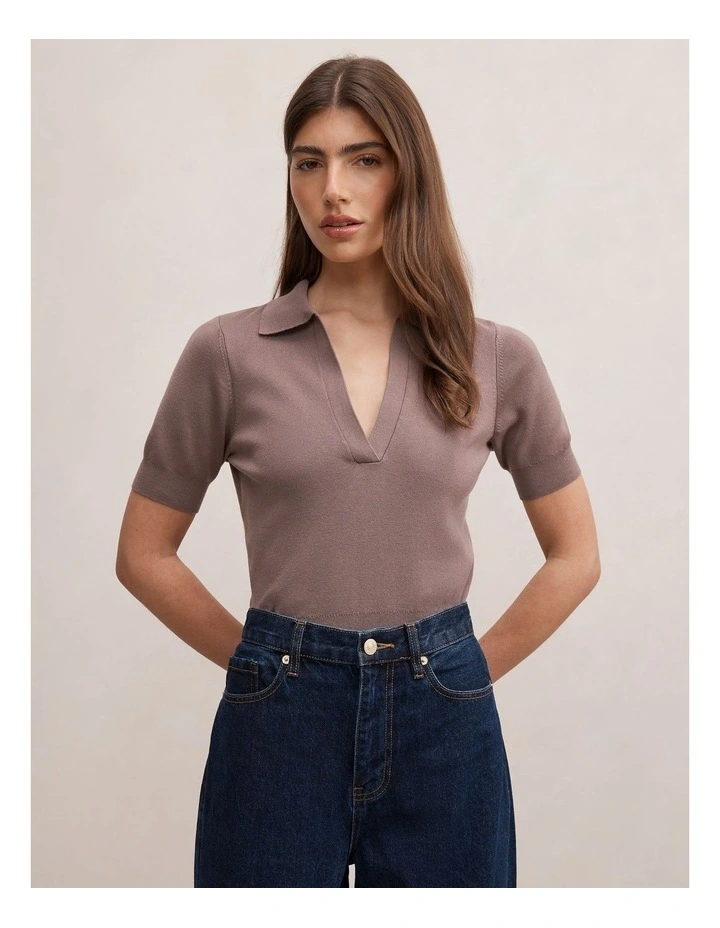 Gia Knitted Polo Top in Mocha image 1