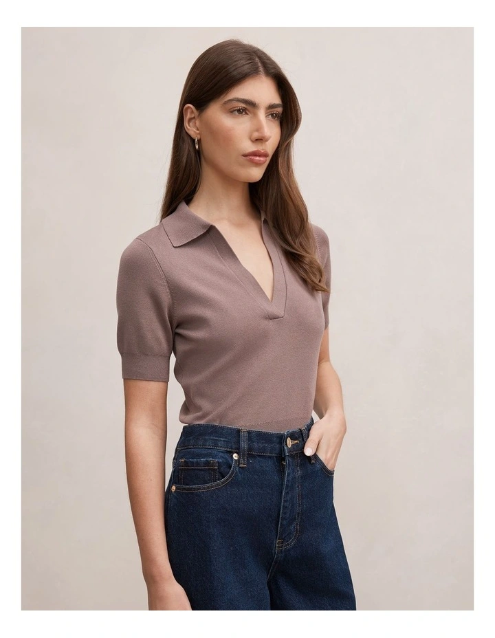 Gia Knitted Polo Top in Mocha image 3
