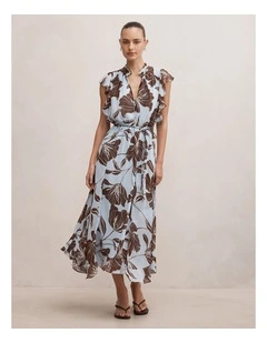 Maxwell Flutter Sleeves Midi Dress in Blue