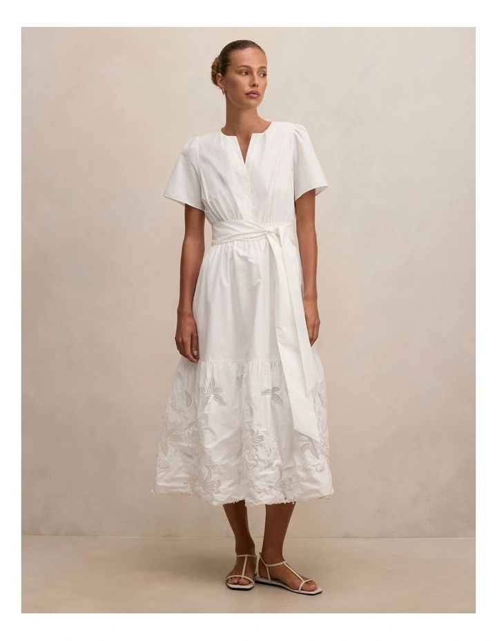 Matilda Embroidered Tie Midi Dress in White image 1