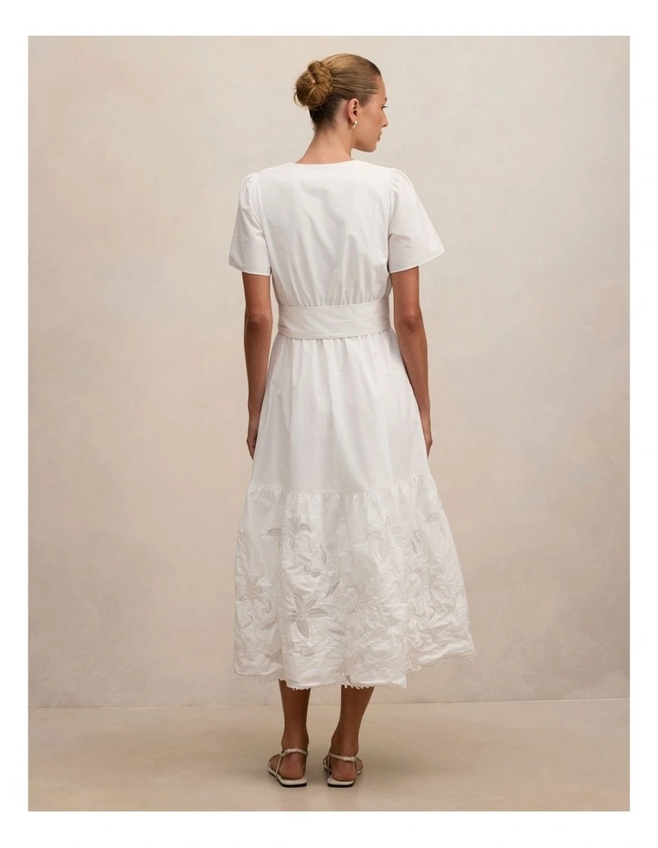 Matilda Embroidered Tie Midi Dress in White image 2