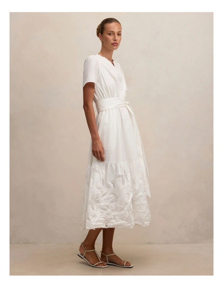 Matilda Embroidered Tie Midi Dress in White image 3