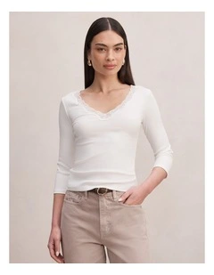 Selena Lace Trim 3/4 Sleeves Top in White