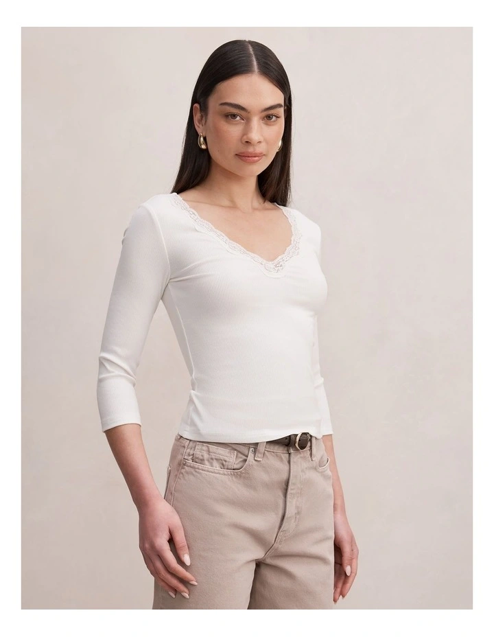 Selena Lace Trim 3/4 Sleeves Top in White image 3