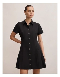 Gigi Pleated Button Down Mini Dress in Black