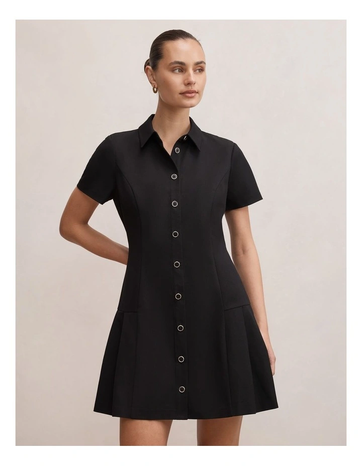 Gigi Pleated Button Down Mini Dress in Black image 1