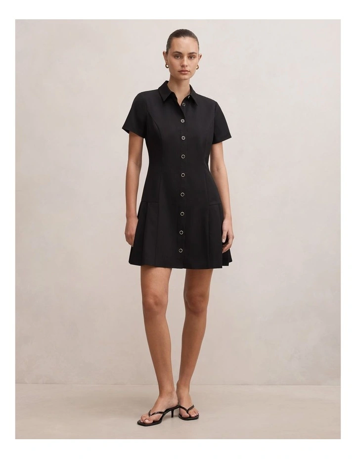 Gigi Pleated Button Down Mini Dress in Black image 5