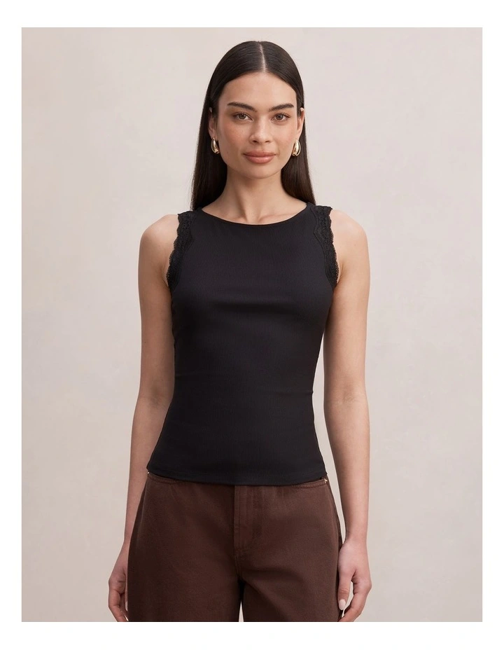 Karla Lace Trim Tank Top in Black image 1