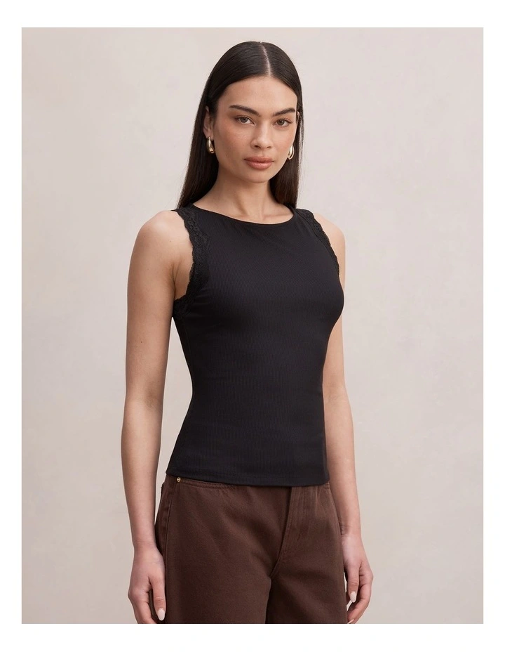 Karla Lace Trim Tank Top in Black image 3