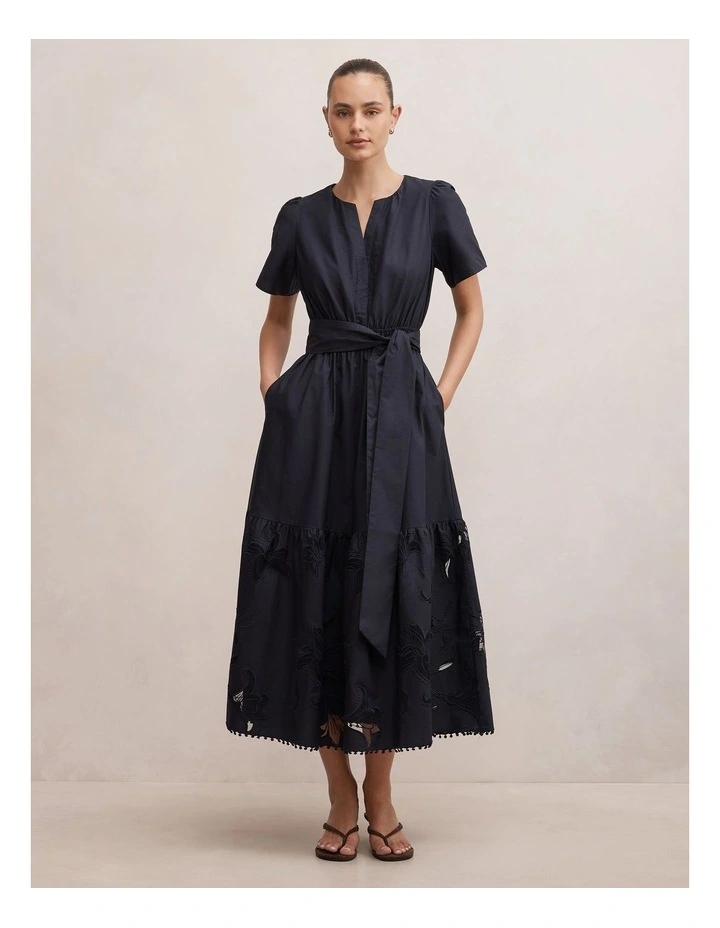 Matilda Embroidered Tie Midi Dress in Navy image 1