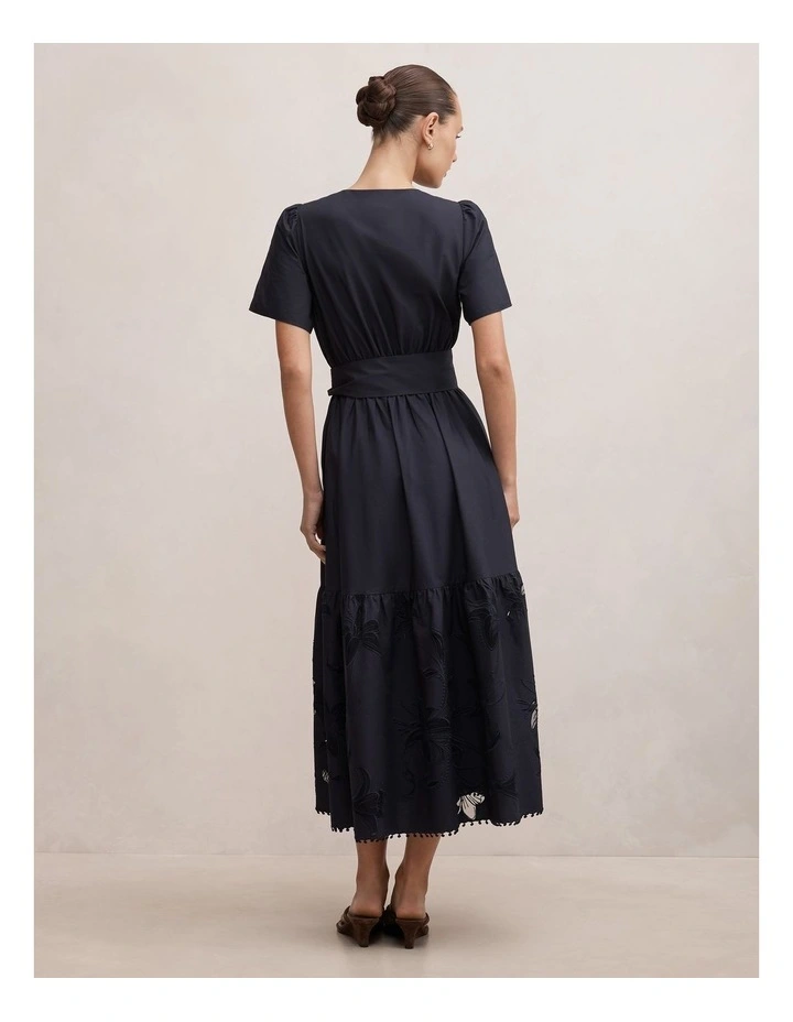 Matilda Embroidered Tie Midi Dress in Navy image 2