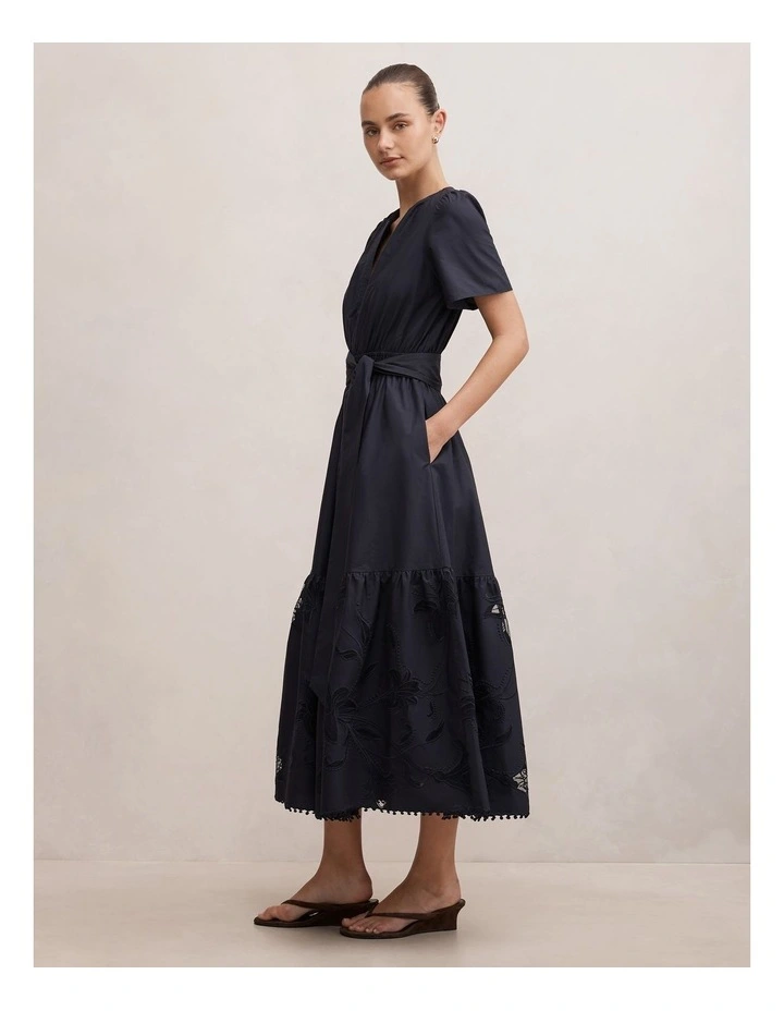 Matilda Embroidered Tie Midi Dress in Navy image 3