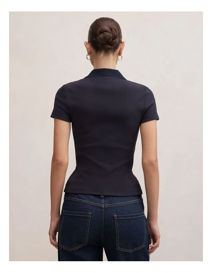 Aaliyah Ribbed Polo Neck Top in Navy image 2