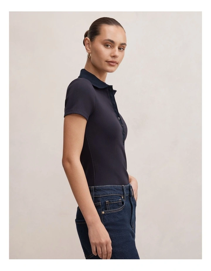 Aaliyah Ribbed Polo Neck Top in Navy image 3