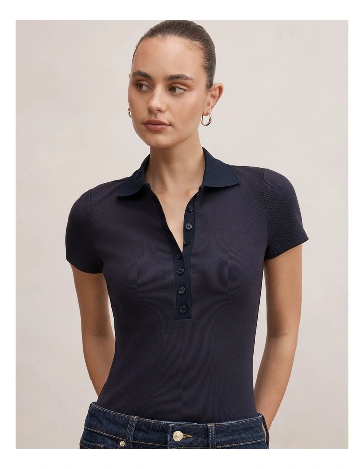 Aaliyah Ribbed Polo Neck Top in Navy image 4