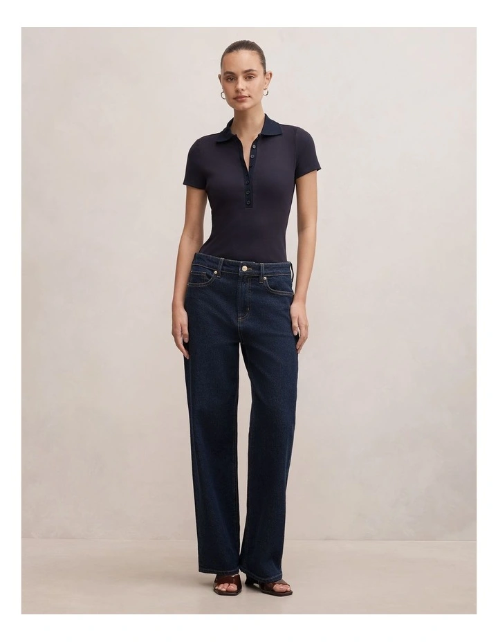 Aaliyah Ribbed Polo Neck Top in Navy image 5