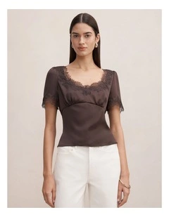 Juliette Lace Trim Top in Brown