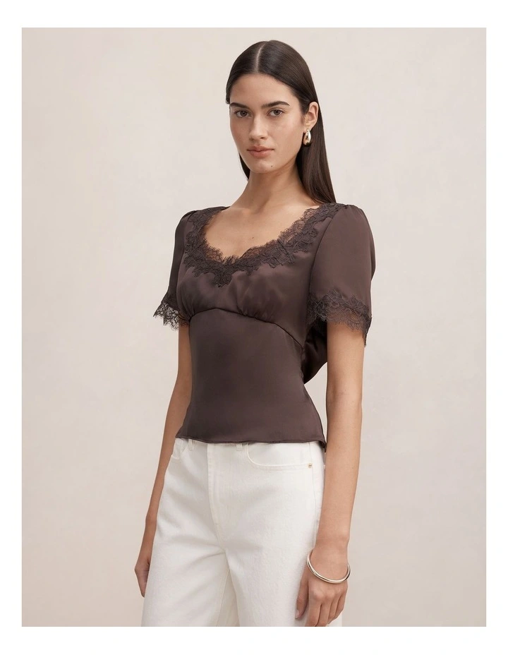 Juliette Lace Trim Top in Brown image 3