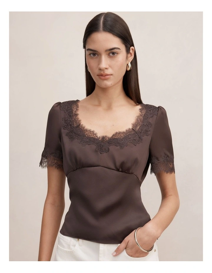 Juliette Lace Trim Top in Brown image 4