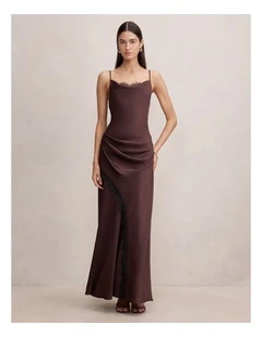 Ivara Lace Cowl Neck Maxi Dress in Brown