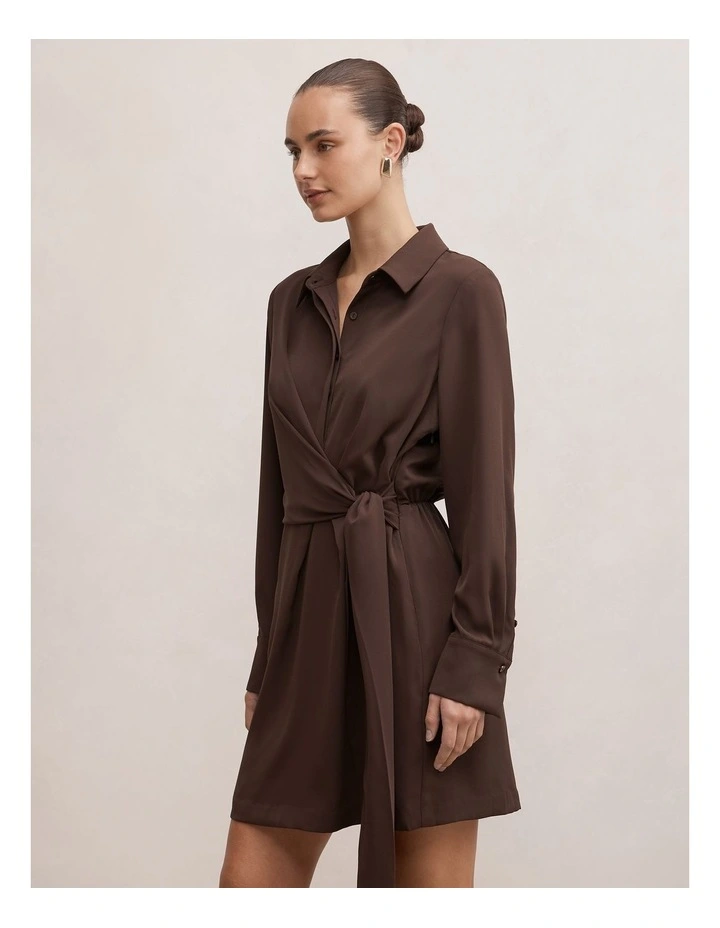 Isobel Tie Shirt Mini Dress in Brown image 3