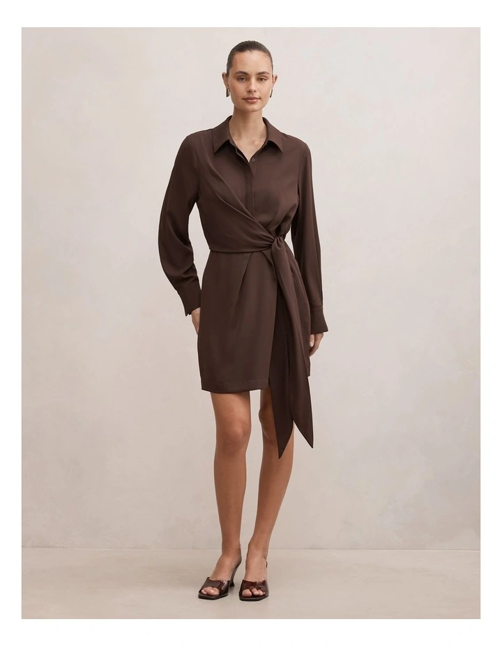 Isobel Tie Shirt Mini Dress in Brown image 5
