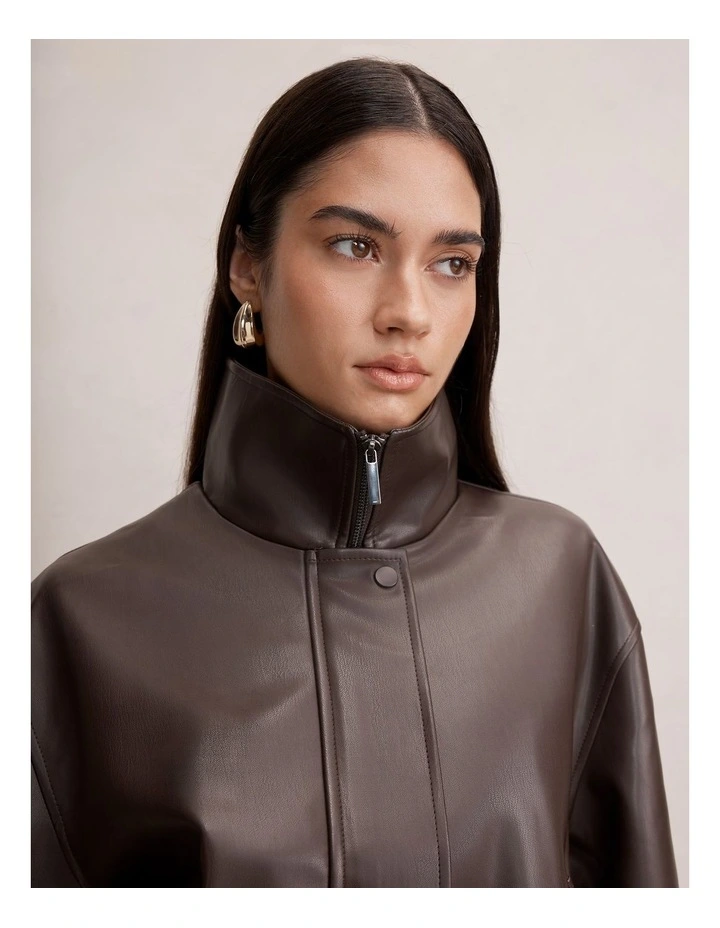 Lynsey Funnel Neck Faux Leather Jacket in Brown image 4
