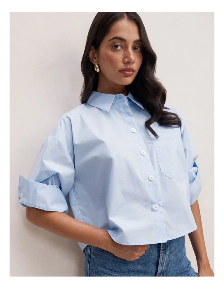 Dom Cotton Cropped Shirt in Blue image 4