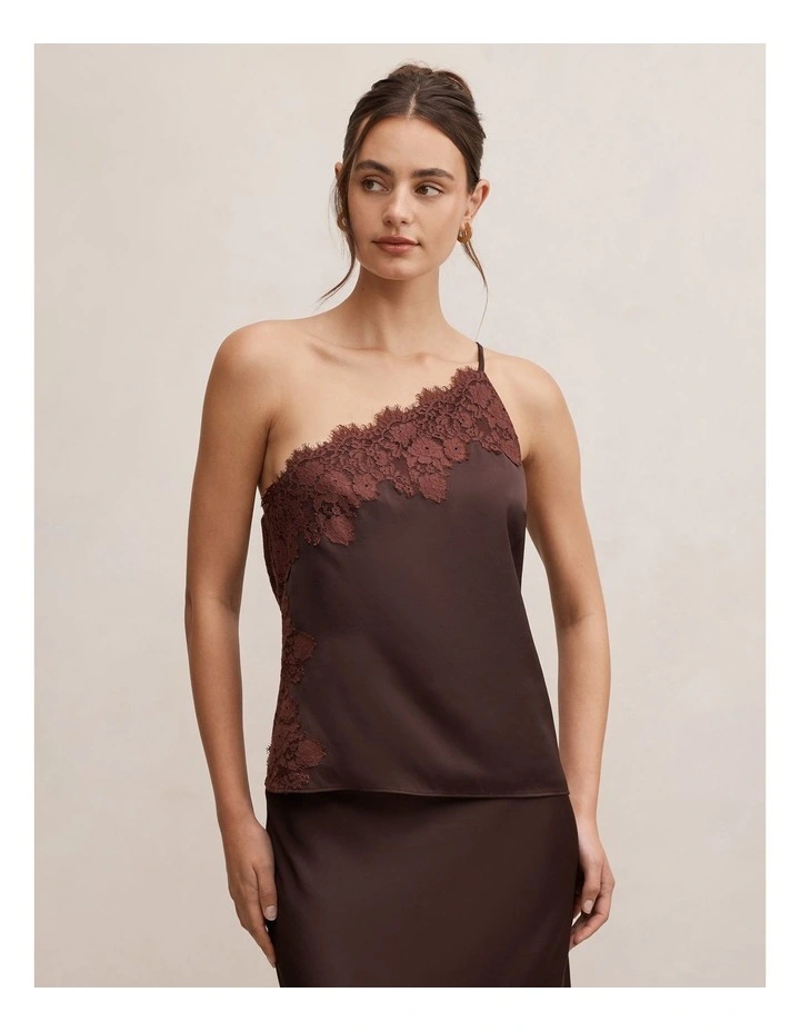 Adele One Shoulder Lace Trim Top in Chocolate image 1