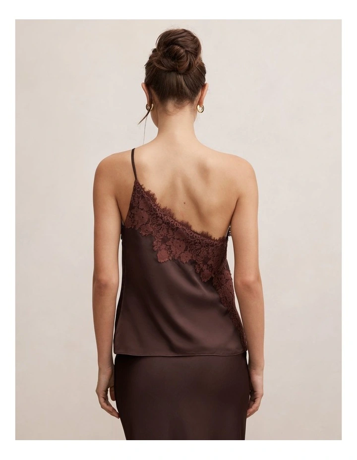 Adele One Shoulder Lace Trim Top in Chocolate image 2
