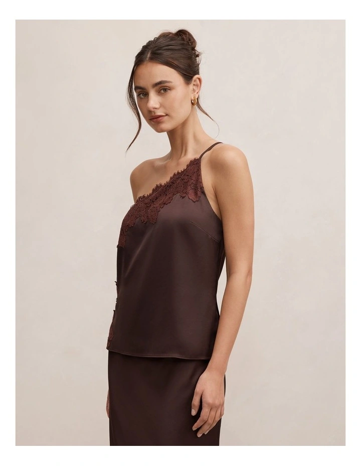 Adele One Shoulder Lace Trim Top in Chocolate image 3
